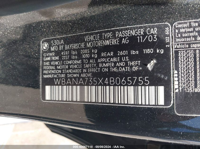 2004 BMW 530I VIN: WBANA735X4B065755 Lot: 40067118