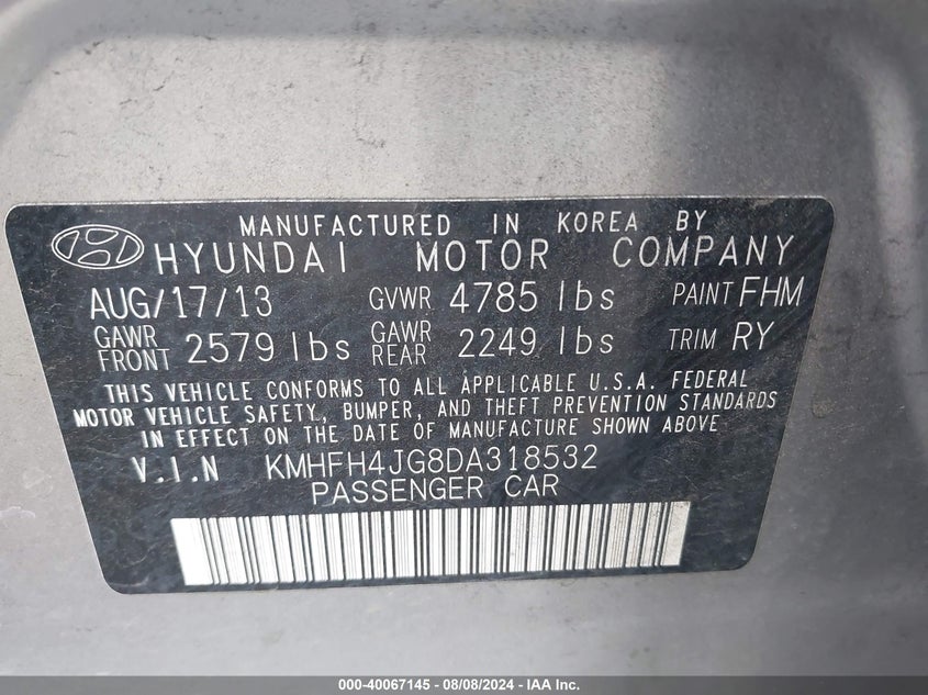 2013 Hyundai Azera VIN: KMHFH4JG8DA318532 Lot: 40067145