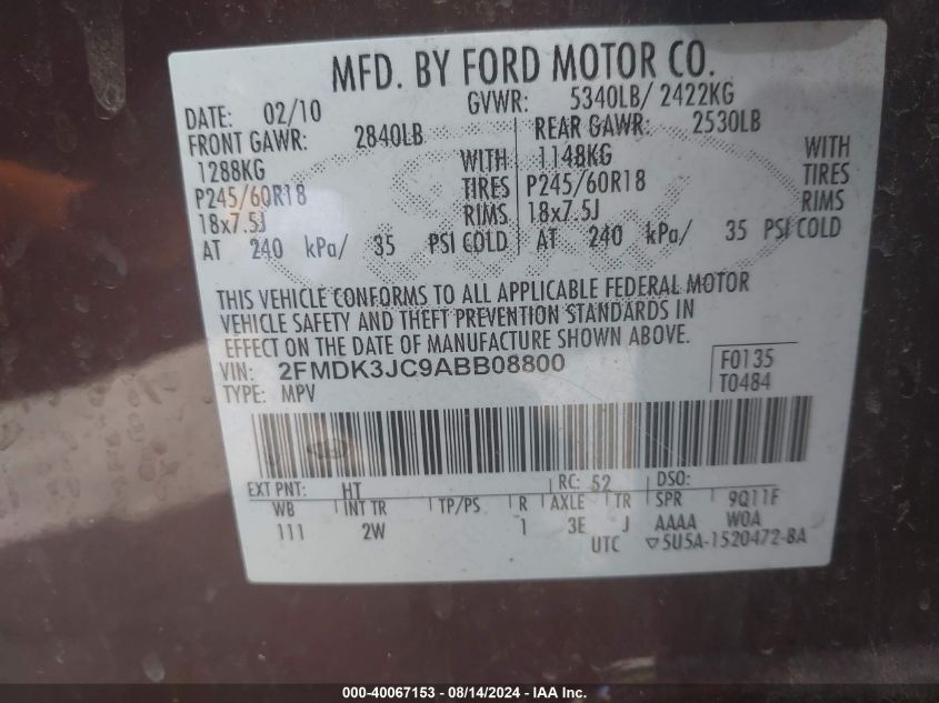 2010 Ford Edge Sel VIN: 2FMDK3JC9ABB08800 Lot: 40067153