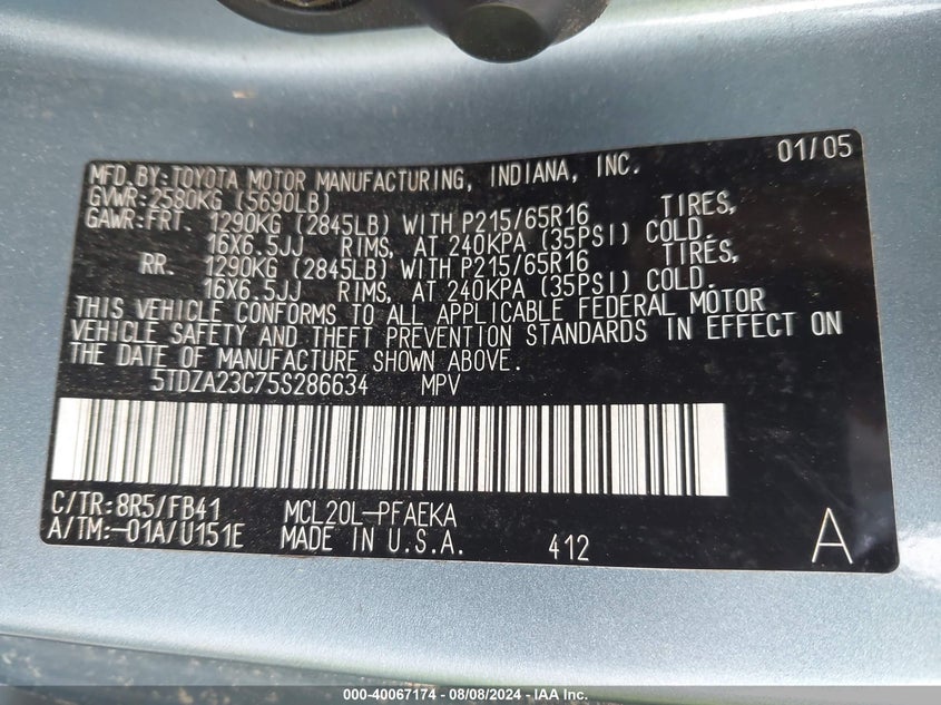 2005 Toyota Sienna Le VIN: 5TDZA23C75S286634 Lot: 40067174