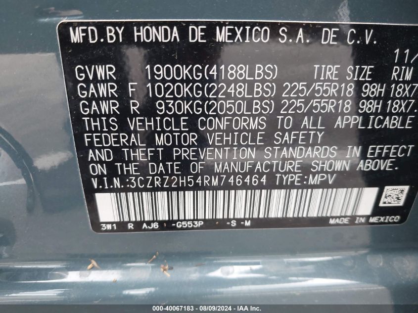 2024 Honda Hr-V Awd Sport/Awd Sport W/O Bsi VIN: 3CZRZ2H54RM746464 Lot: 40067183