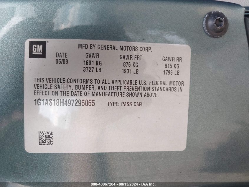 2009 Chevrolet Cobalt Ls VIN: 1G1AS18H497295065 Lot: 40067204