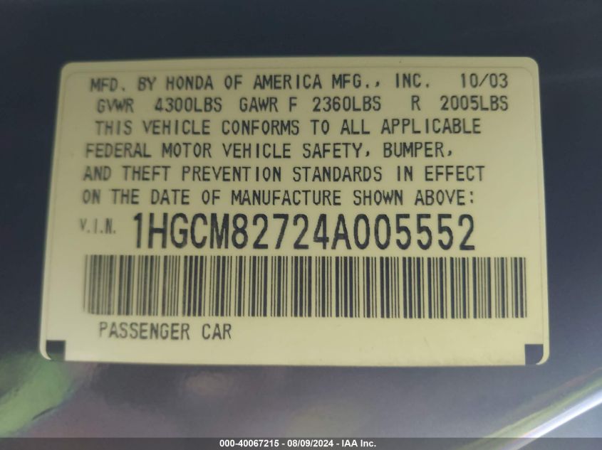 2004 Honda Accord 3.0 Ex VIN: 1HGCM82724A005552 Lot: 40067215