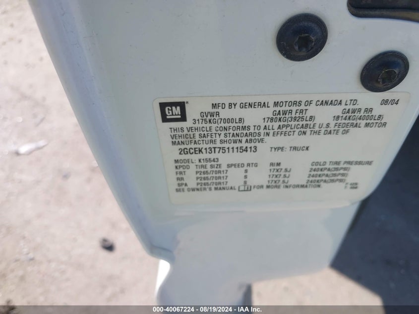 2005 Chevrolet Silverado 1500 Z71 VIN: 2GCEK13T751115413 Lot: 40067224