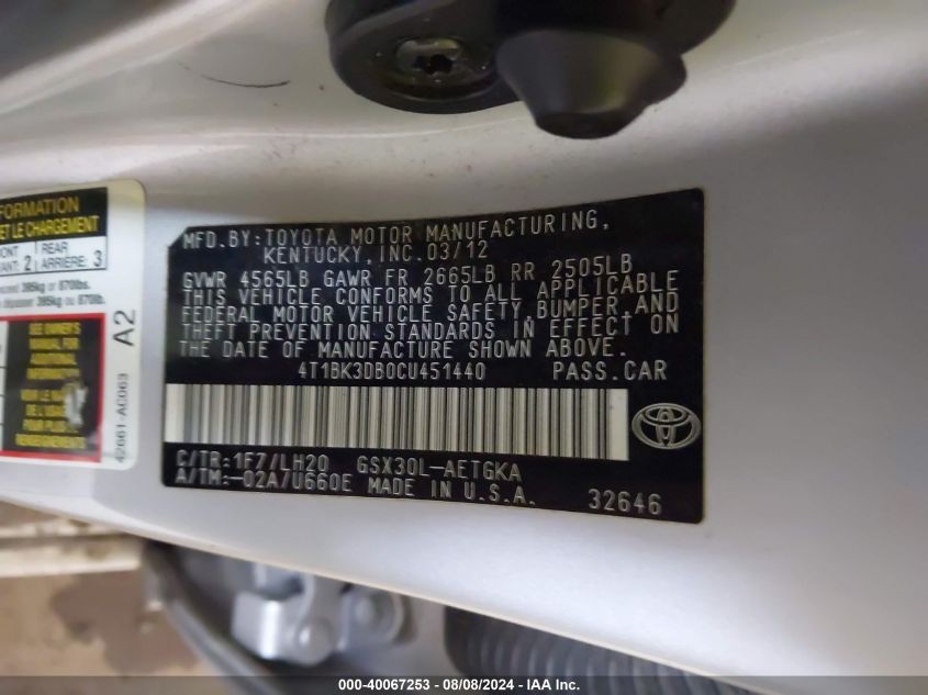 2012 Toyota Avalon VIN: 4T1BK3DB0CU451440 Lot: 40067253