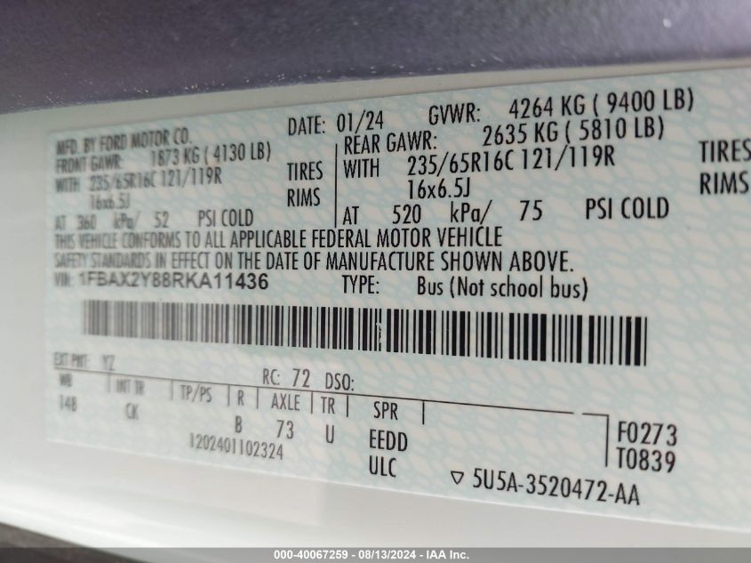 2024 Ford Transit T-350 VIN: 1FBAX2Y88RKA11436 Lot: 40067259