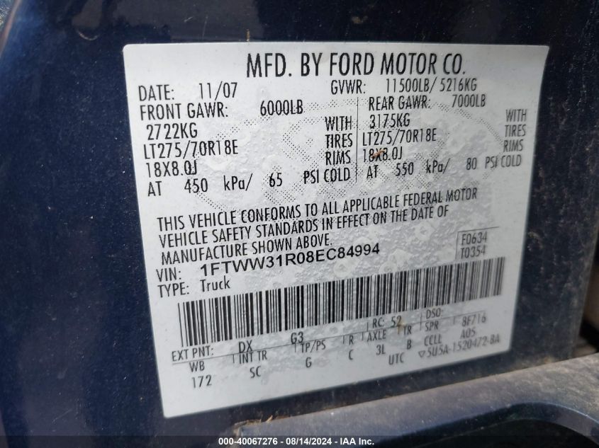 2008 Ford F-350 Fx4/Harley-Davidson/King Ranch/Lariat/Xl/Xlt VIN: 1FTWW31R08EC84994 Lot: 40067276