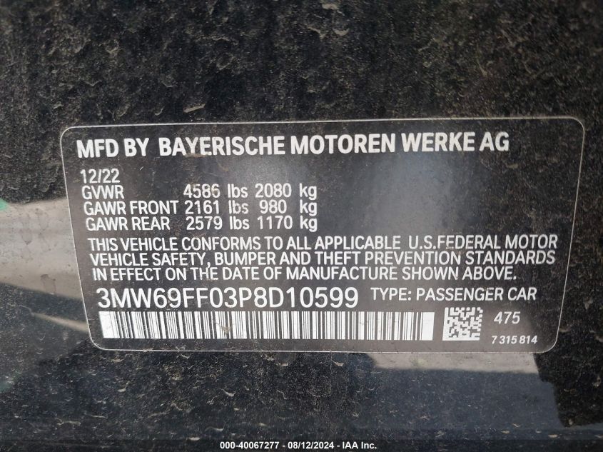 2023 BMW 330I VIN: 3MW69FF03P8D10599 Lot: 40067277