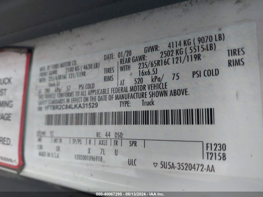2020 Ford Transit T-250 VIN: 1FTBR2C84LKA31529 Lot: 40067295