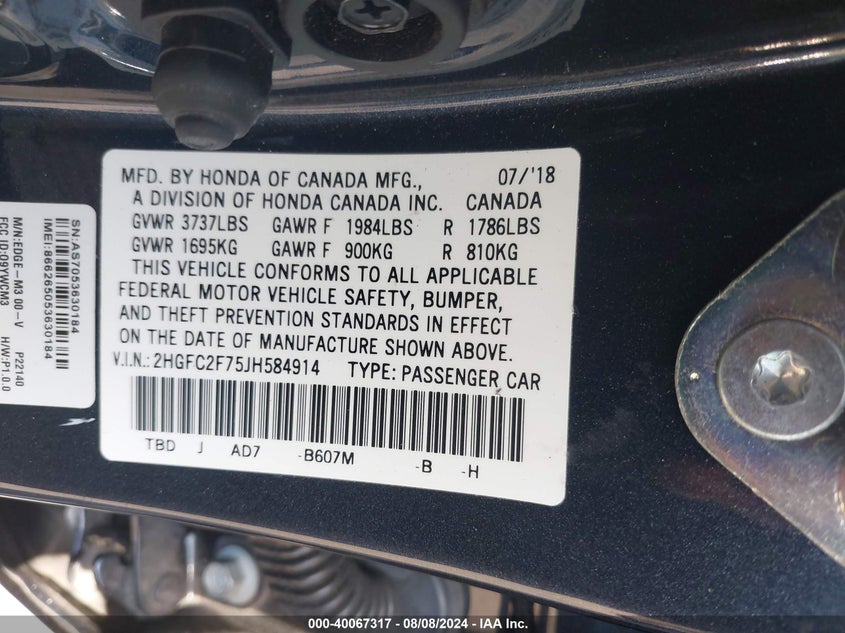 VIN 2HGFC2F75JH584914 2018 HONDA CIVIC EX