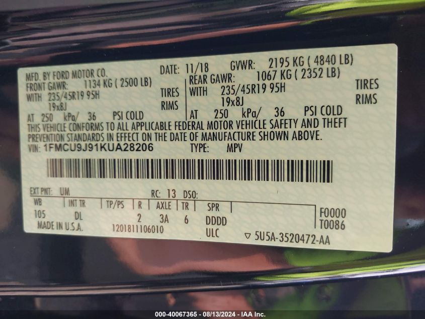 2019 Ford Escape Titanium VIN: 1FMCU9J91KUA28206 Lot: 40067365