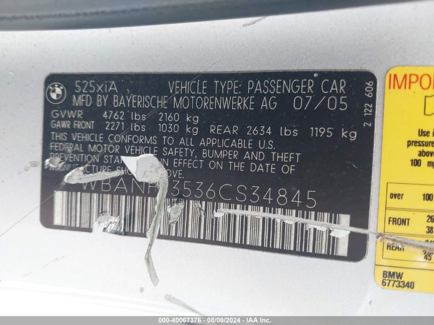 2006 BMW 525Xi VIN: WBANF33536CS34845 Lot: 40067376