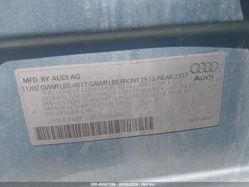 2003 Audi A4 3.0 VIN: WAULT68E33A239688 Lot: 40067396