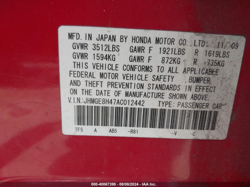 2010 Honda Fit Sport VIN: JHMGE8H47AC012442 Lot: 40067398