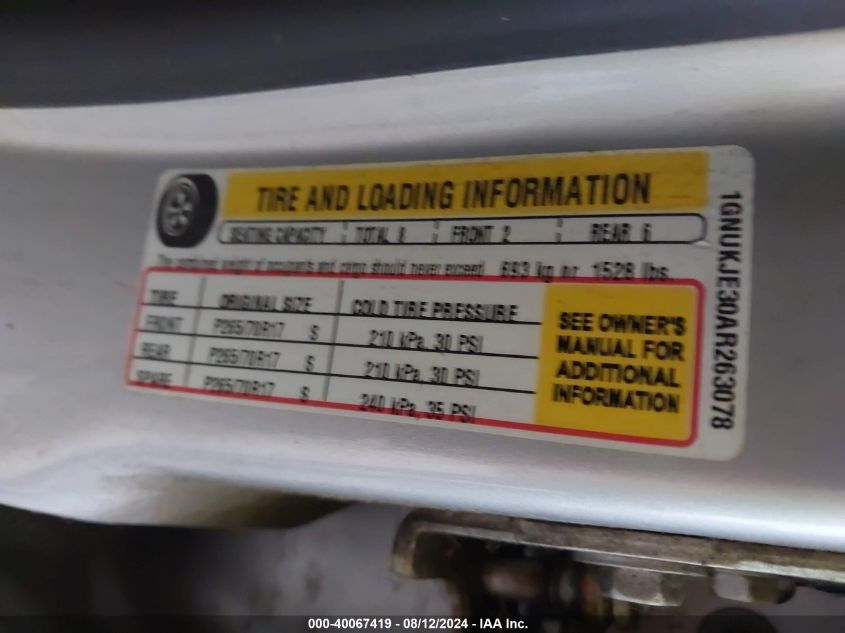 2010 Chevrolet Suburban 1500 Lt1 VIN: 1GNUKJE30AR263078 Lot: 40067419