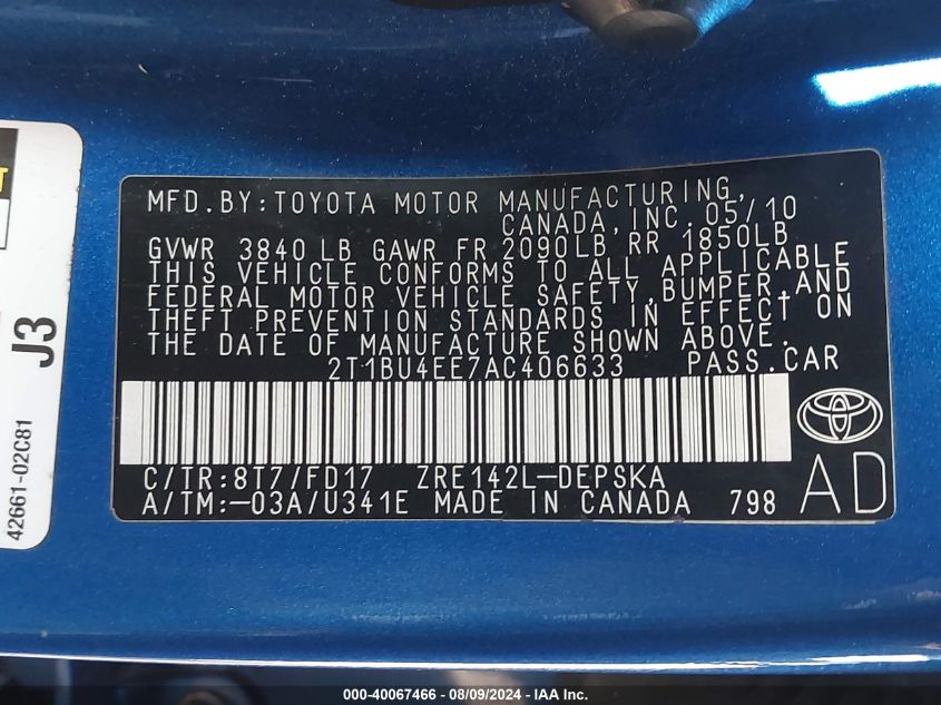 2010 Toyota Corolla S/Le/Xle VIN: 2T1BU4EE7AC406633 Lot: 40067466