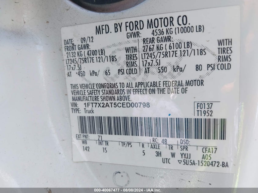 2012 Ford F250 Super Duty VIN: 1FT7X2AT5CED00798 Lot: 40067477