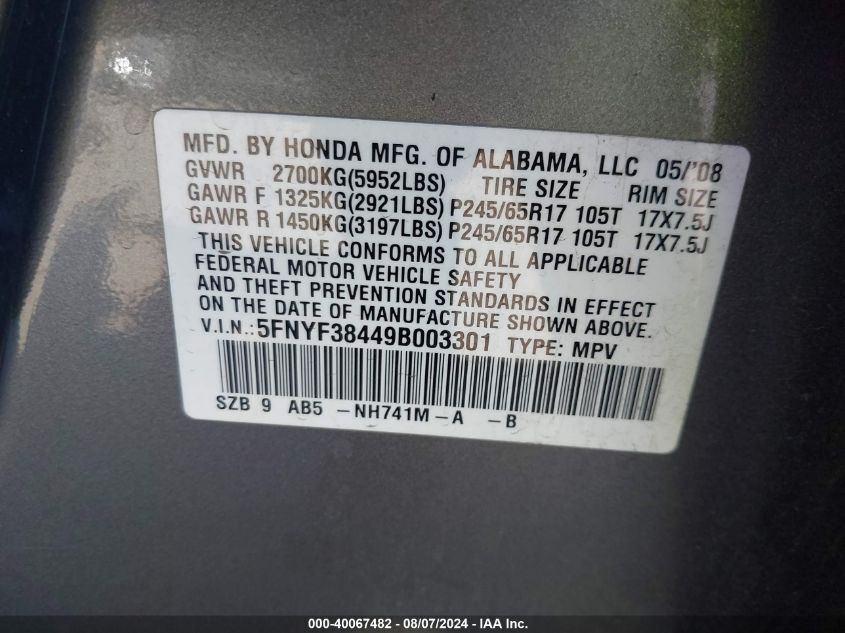 2009 Honda Pilot Ex VIN: 5FNYF38449B003301 Lot: 40067482