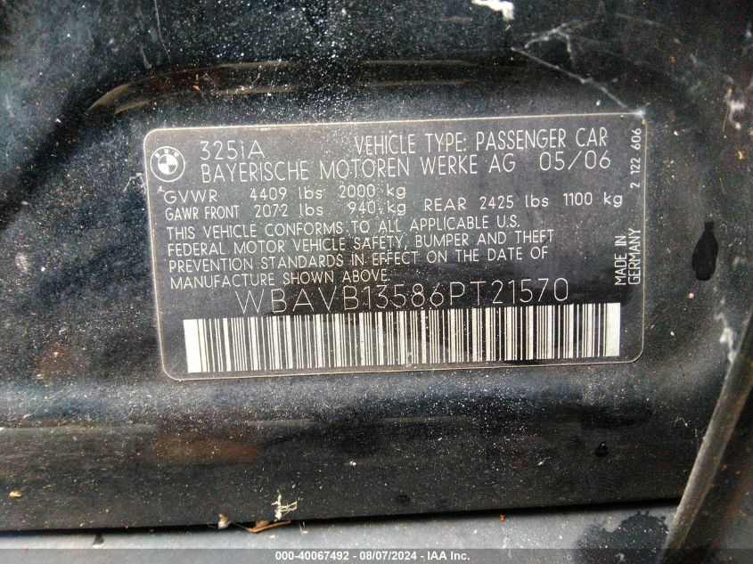 2006 BMW 325I VIN: WBAVB13586PT21570 Lot: 40067492