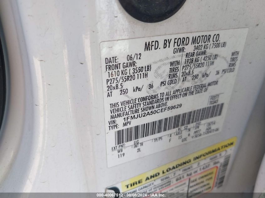 2012 Ford Expedition Limited VIN: 1FMJU2A50CEF59629 Lot: 40067512