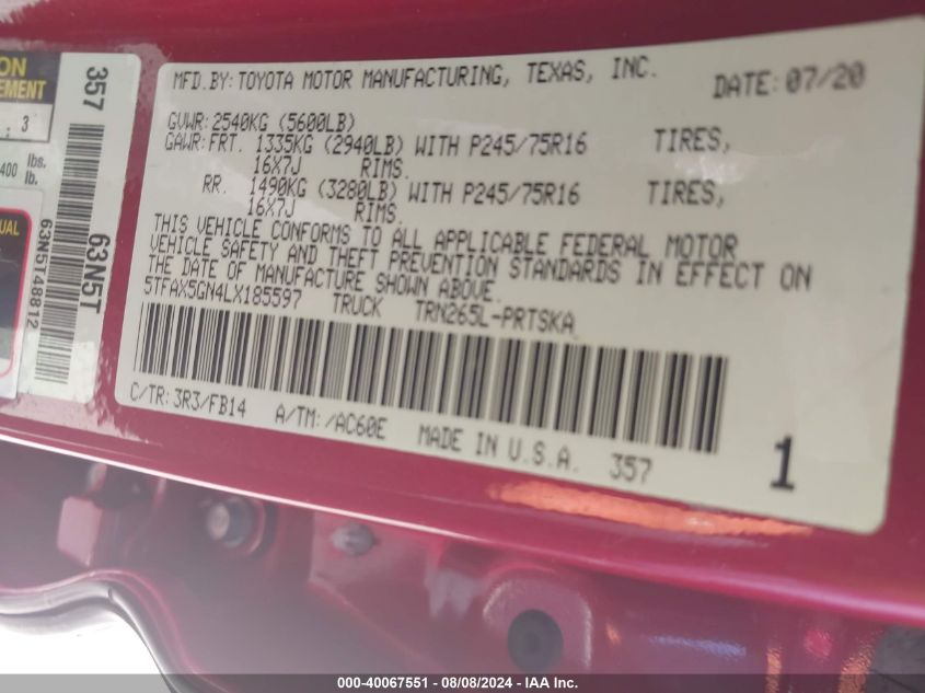 2020 Toyota Tacoma Sr VIN: 5TFAX5GN4LX185597 Lot: 40067551