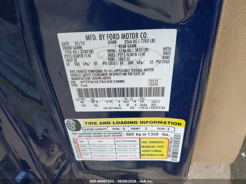 2012 Ford F-150 Lariat VIN: 1FTFW1ET6CKE13986 Lot: 40067552