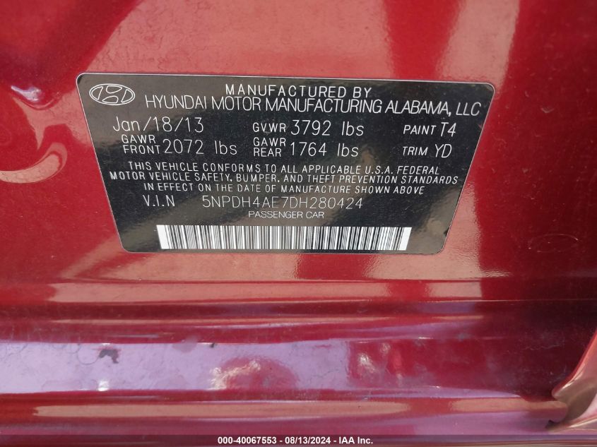 5NPDH4AE7DH280424 2013 Hyundai Elantra Gls