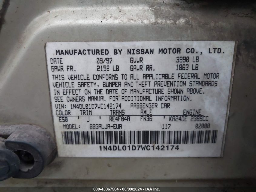 1998 Nissan Altima Gle/Gxe/Se/Xe VIN: 1N4DL01D7WC142174 Lot: 40067564