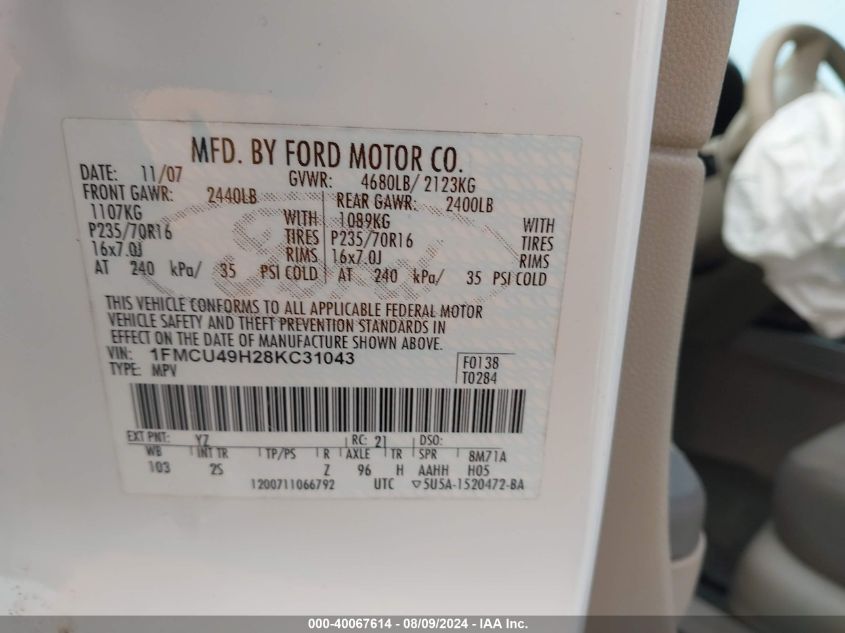 2008 Ford Escape Hev VIN: 1FMCU49H28KC31043 Lot: 40067614