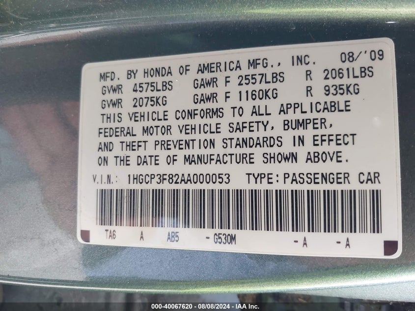 2010 Honda Accord 3.5 Ex-L VIN: 1HGCP3F82AA000053 Lot: 40067620