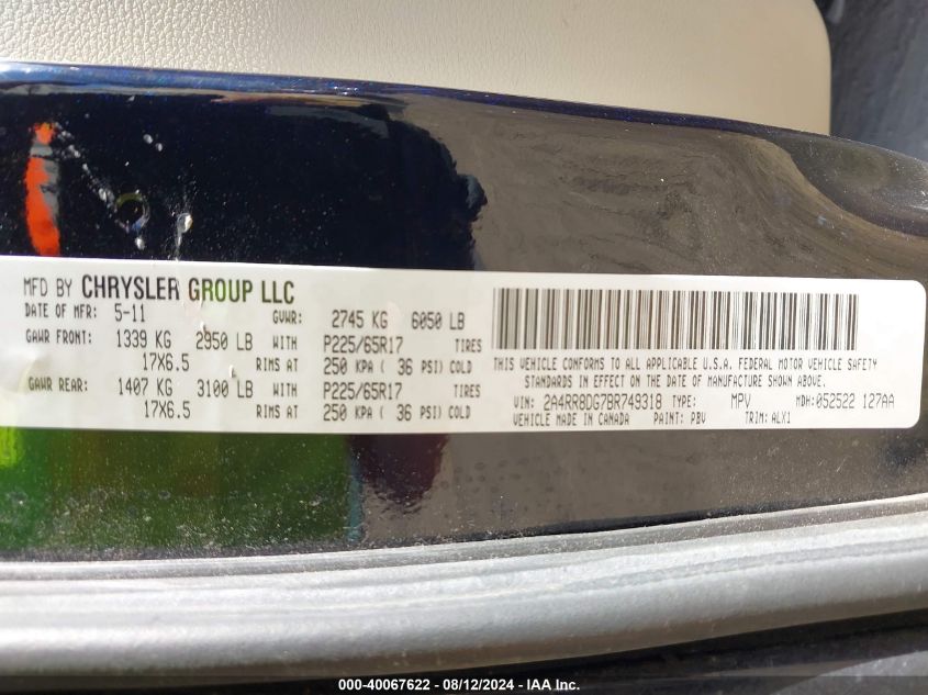 2011 Chrysler Town & Country Touring-L VIN: 2A4RR8DG7BR749318 Lot: 40067622