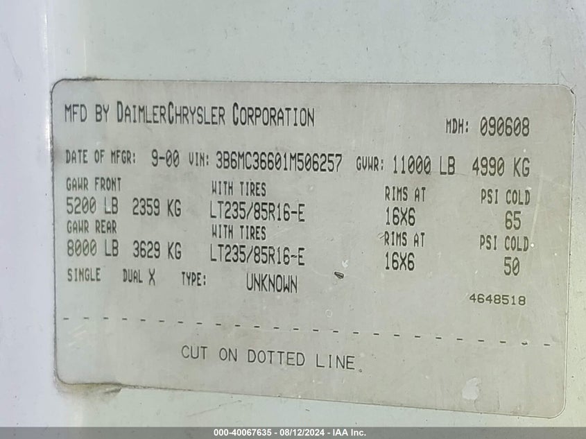 2001 Dodge Ram 3500 St VIN: 3B6MC36601M506257 Lot: 40067635