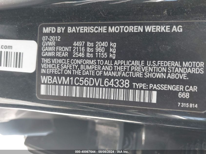 2013 BMW X1 Sdrive28I VIN: WBAVM1C56DVL64338 Lot: 40067644