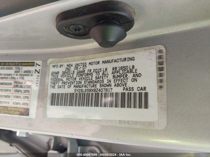 2008 Pontiac Vibe VIN: 5Y2SL658X8Z407817 Lot: 40067695