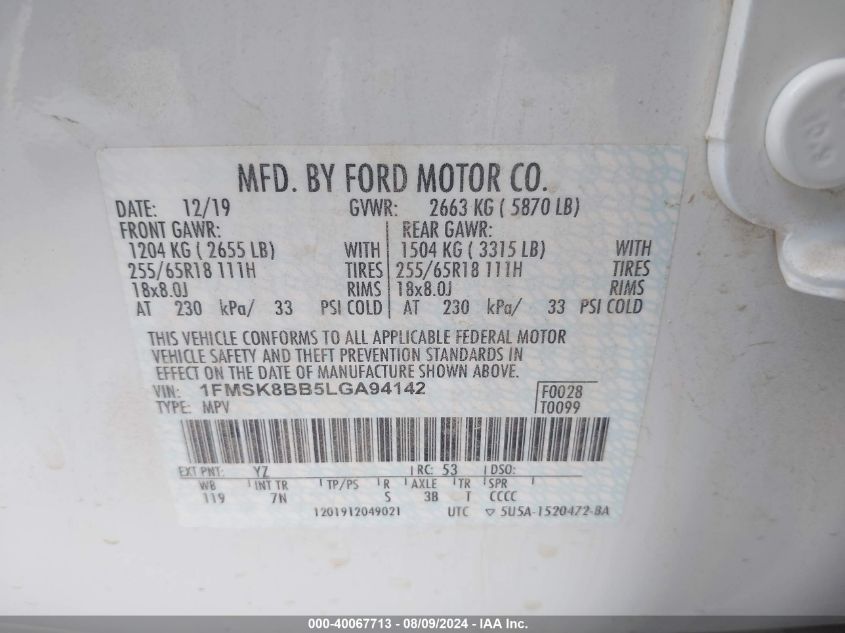 2020 Ford Explorer VIN: 1FMSK8BB5LGA94142 Lot: 40067713