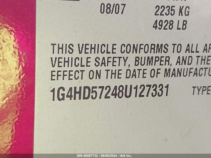 2008 Buick Lucerne Cxl VIN: 1G4HD57248U127331 Lot: 40067732