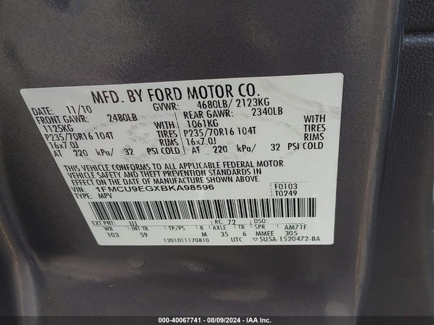 2011 Ford Escape Limited VIN: 1FMCU9EGXBKA98596 Lot: 40067741