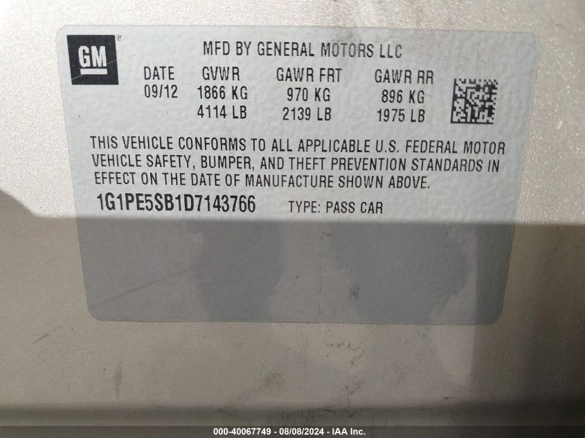 2013 Chevrolet Cruze 2Lt Auto VIN: 1G1PE5SB1D7143766 Lot: 40067749