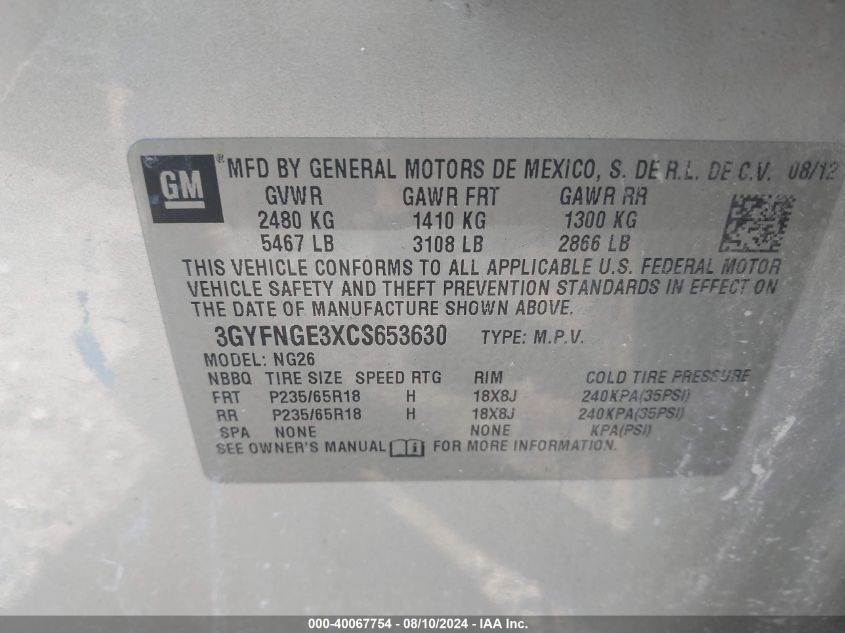 2012 Cadillac Srx Standard VIN: 3GYFNGE3XCS653630 Lot: 40067754