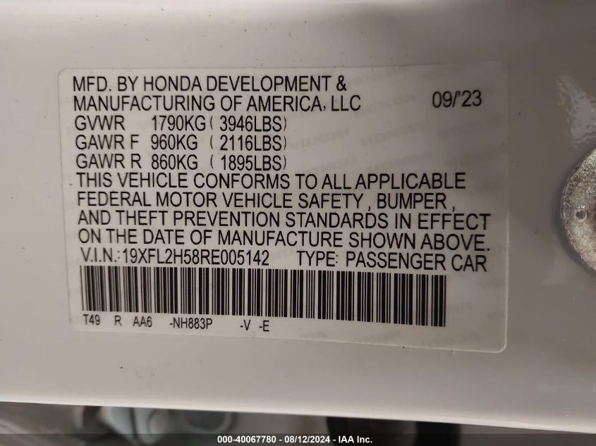 2024 Honda Civic Lx VIN: 19XFL2H58RE005142 Lot: 40067780