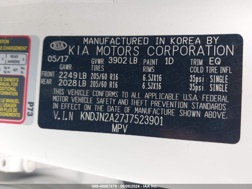 2018 Kia Soul VIN: KNDJN2A27J7523901 Lot: 40067879