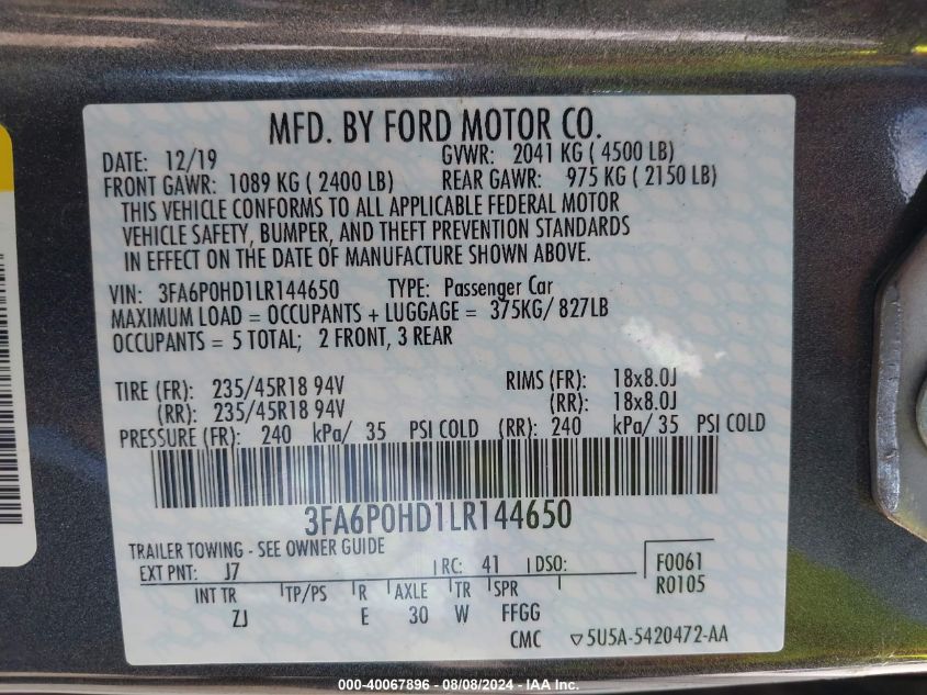 2020 Ford Fusion Se VIN: 3FA6P0HD1LR144650 Lot: 40067896