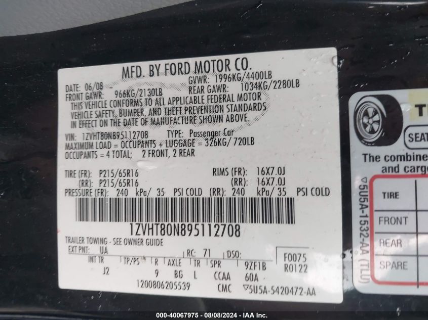 2009 Ford Mustang V6 Premium VIN: 1ZVHT80N895112708 Lot: 40067975