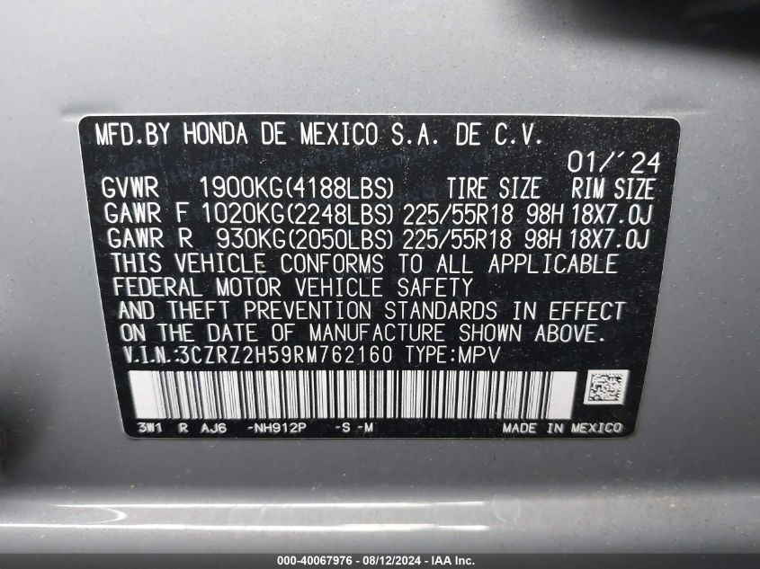 2024 Honda Hr-V Awd Sport/Awd Sport W/O Bsi VIN: 3CZRZ2H59RM762160 Lot: 40067976