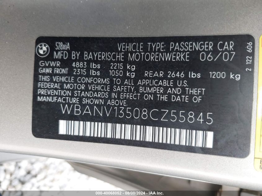 2008 BMW 528Xi Xi VIN: WBANV13508CZ55845 Lot: 40068052