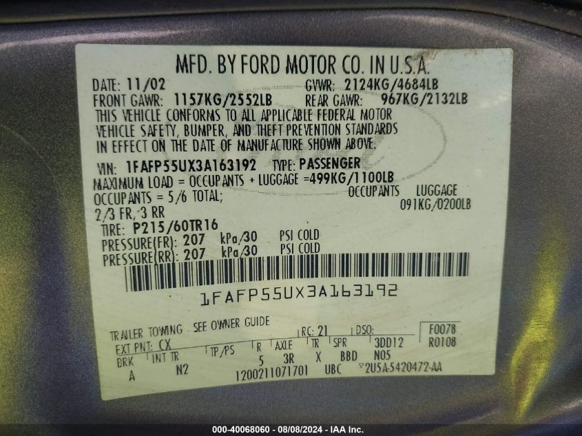 2003 Ford Taurus Ses VIN: 1FAFP55UX3A163192 Lot: 40068060