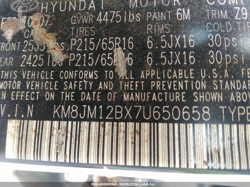 2007 Hyundai Tucson Gls VIN: KM8JM12BX7U650658 Lot: 40068064