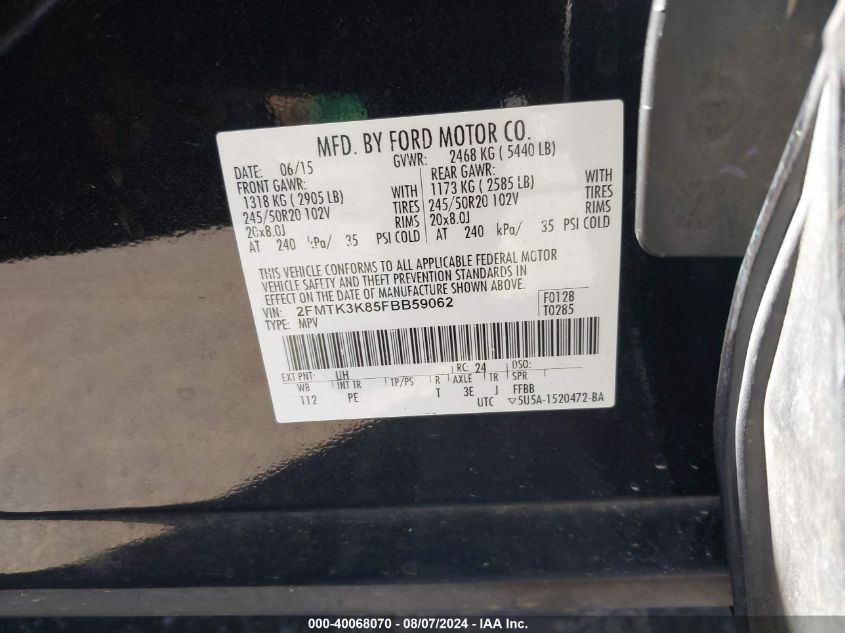 VIN 2FMTK3K85FBB59062 2015 Ford Edge, Titanium no.9