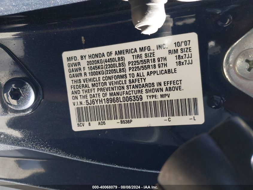 2008 Honda Element Sc VIN: 5J6YH18968L006359 Lot: 40068079