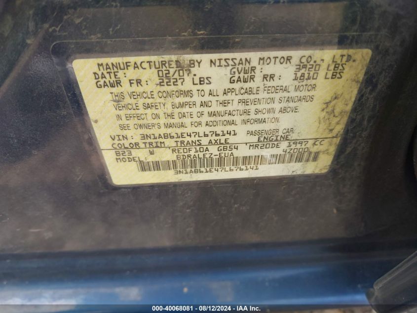2007 Nissan Sentra 2.0/2.0S/2.0Sl VIN: 3N1AB61E47L676141 Lot: 40068081